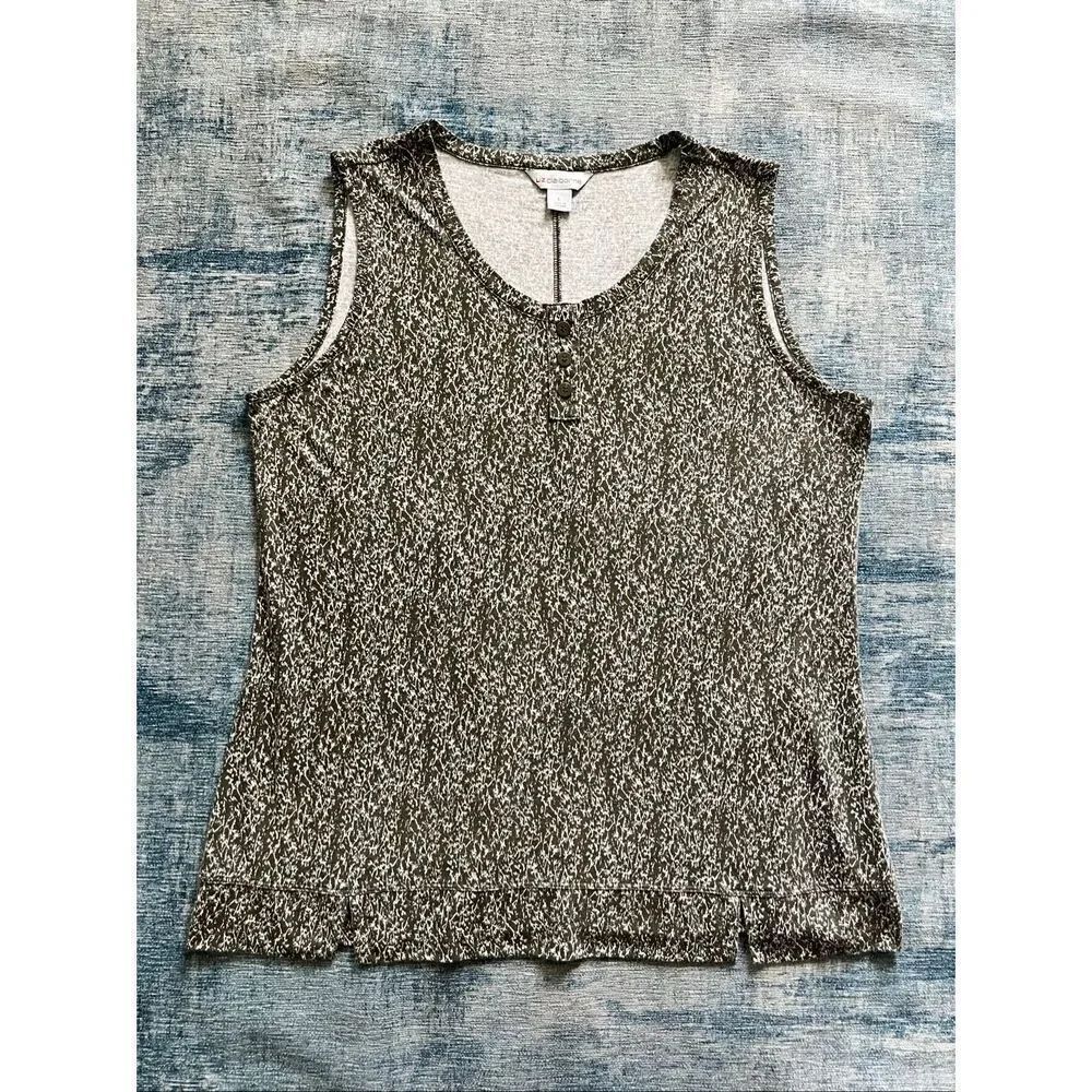 Liz Claiborne Olive Green Ivory Floral Print Sleeveless Blouse Large